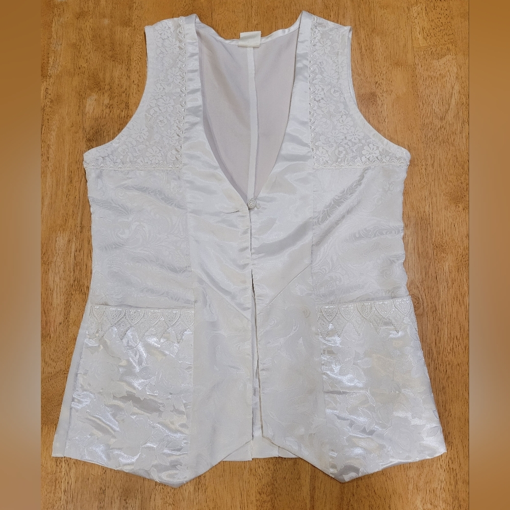 EUC VINTAGE White Elegance satin silk embroidered lace vest